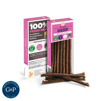 Grain-free dog treats made with 100% fresh beef. The JR Pure Beef Sticks come in two packs and are available in various flavours.